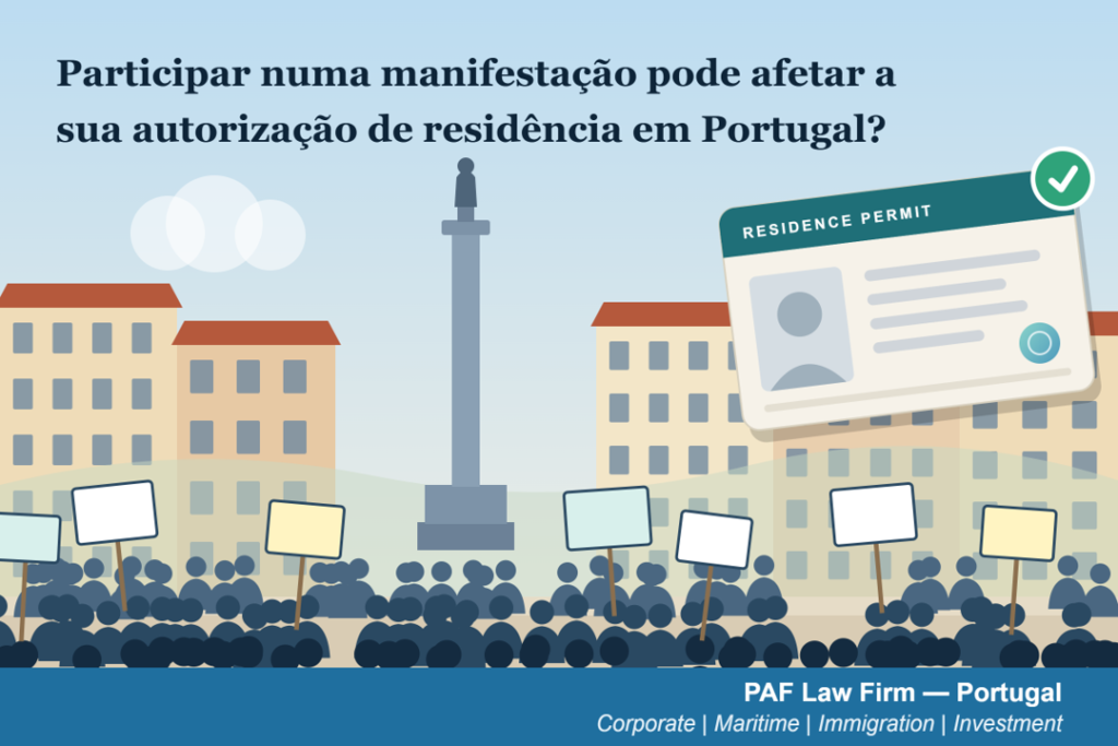Ilustração de uma manifestação numa praça de Lisboa com um cartão de autorização de residência